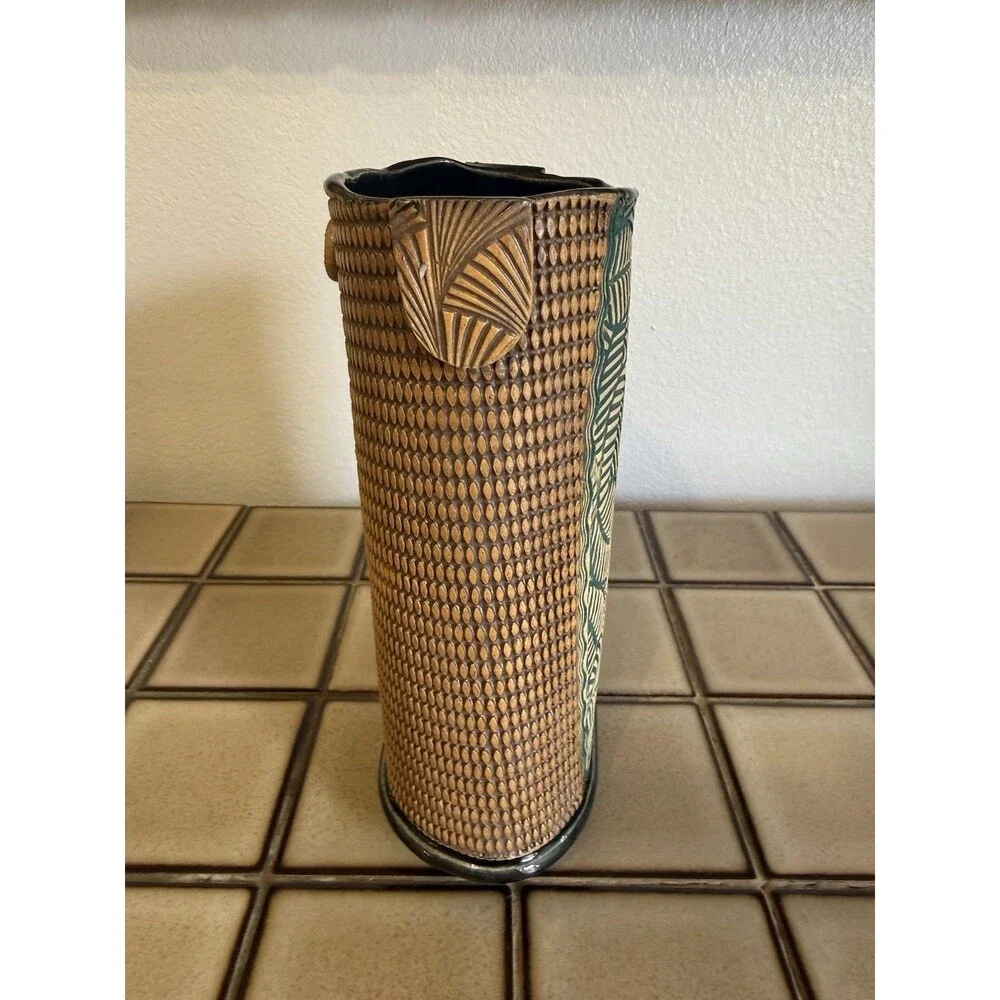 ICY ROAD Studio Pottery Vase Hand Carved Leaf Design Textured Ceramic 9.5